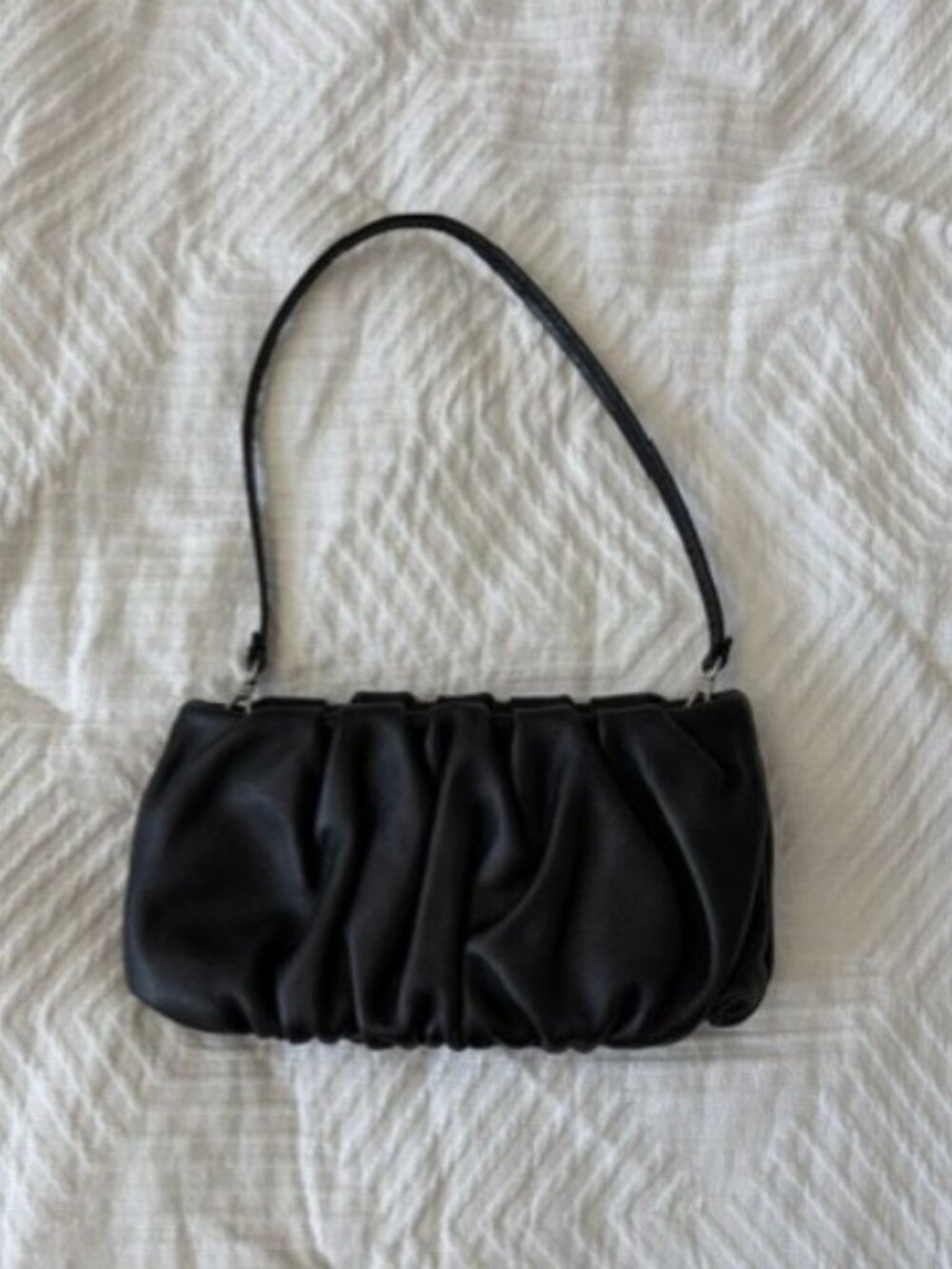 STAUD Bean Black Ruched Leather Shoulder Bag | Baguette | Designer